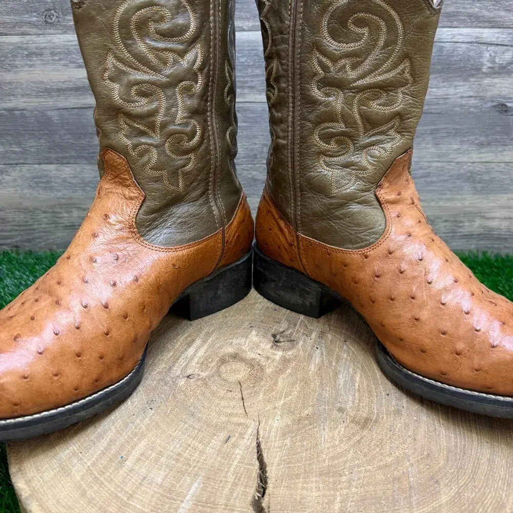Goyazes Men - Size 9 - Olive Green/Tan Ostrich Cowboy Boots Style 359340 - Picture 4 of 11